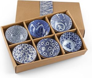 10 oz Ceramic Bowls – Japanese-Style Gift Set, Versatile Tableware, 6-Piece Set (Blue and White)